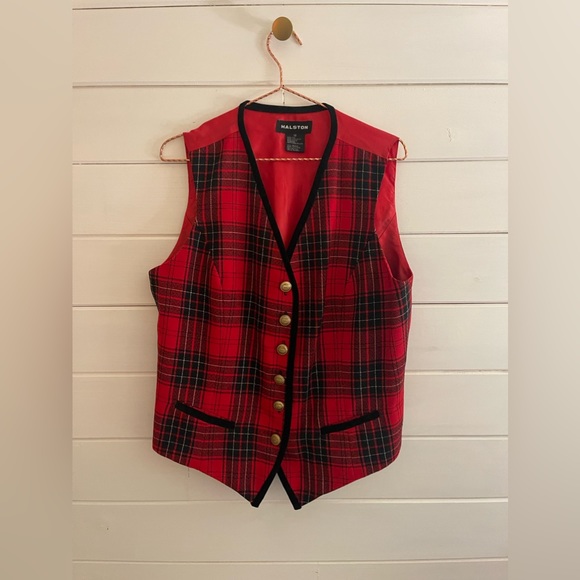 VINTAGE HALSTON 3 Pc Red Black Plaid Skirt Suit Wool Sz 12/14 BLAZER SKIRT VEST - Picture 6 of 12